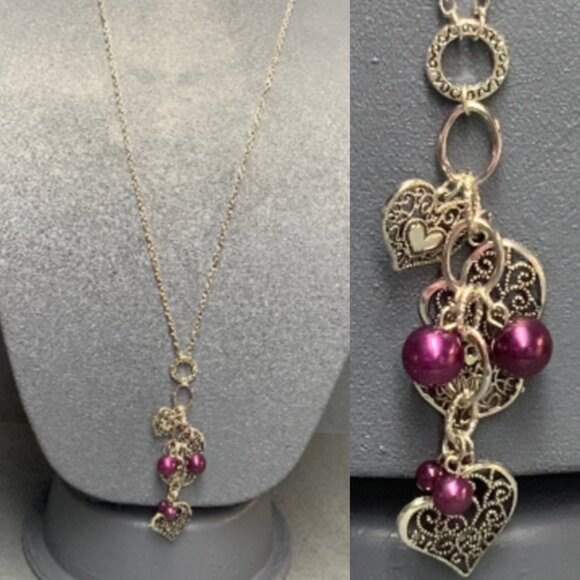 Long Purple Pearl Necklace 30 In Silver Chain Filigree Heart Dangles Retro BoHo - Picture 1 of 6